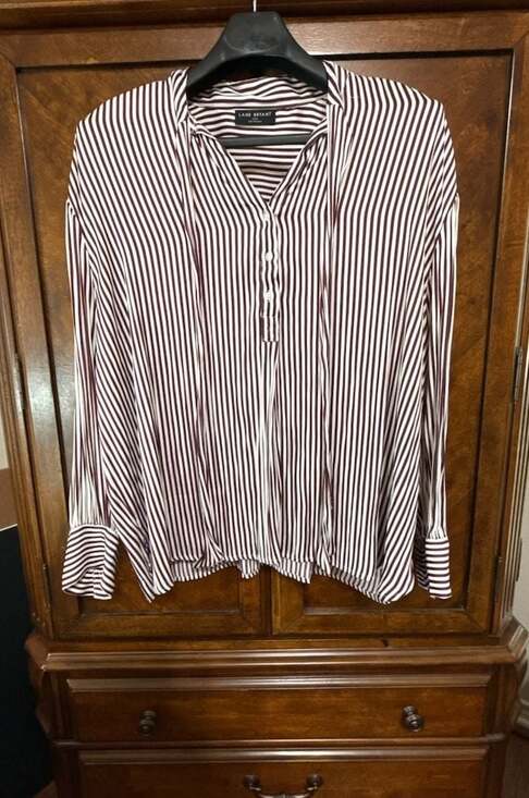 Lane Bryant Tops - Lane Bryant Women's Burgundy White Striped Long Sleeve Tie Neck Blouse Size 22/2